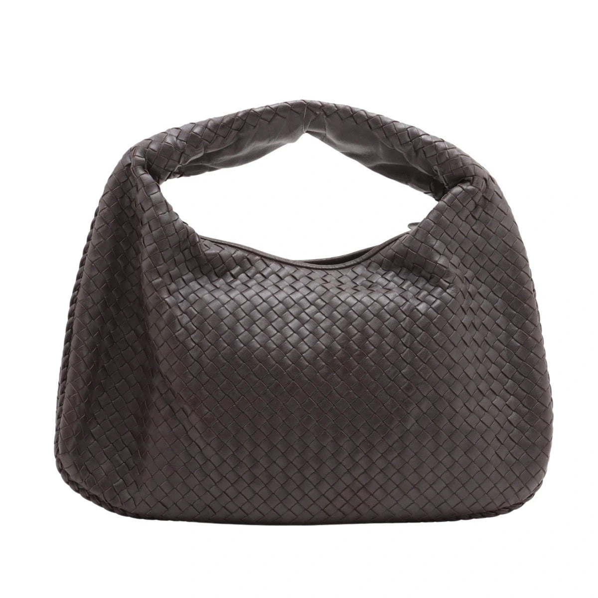 Pre-Loved Veneta Shoulder Bag Intrecciato Leather Medium with Silver Hardware, Dark Brown