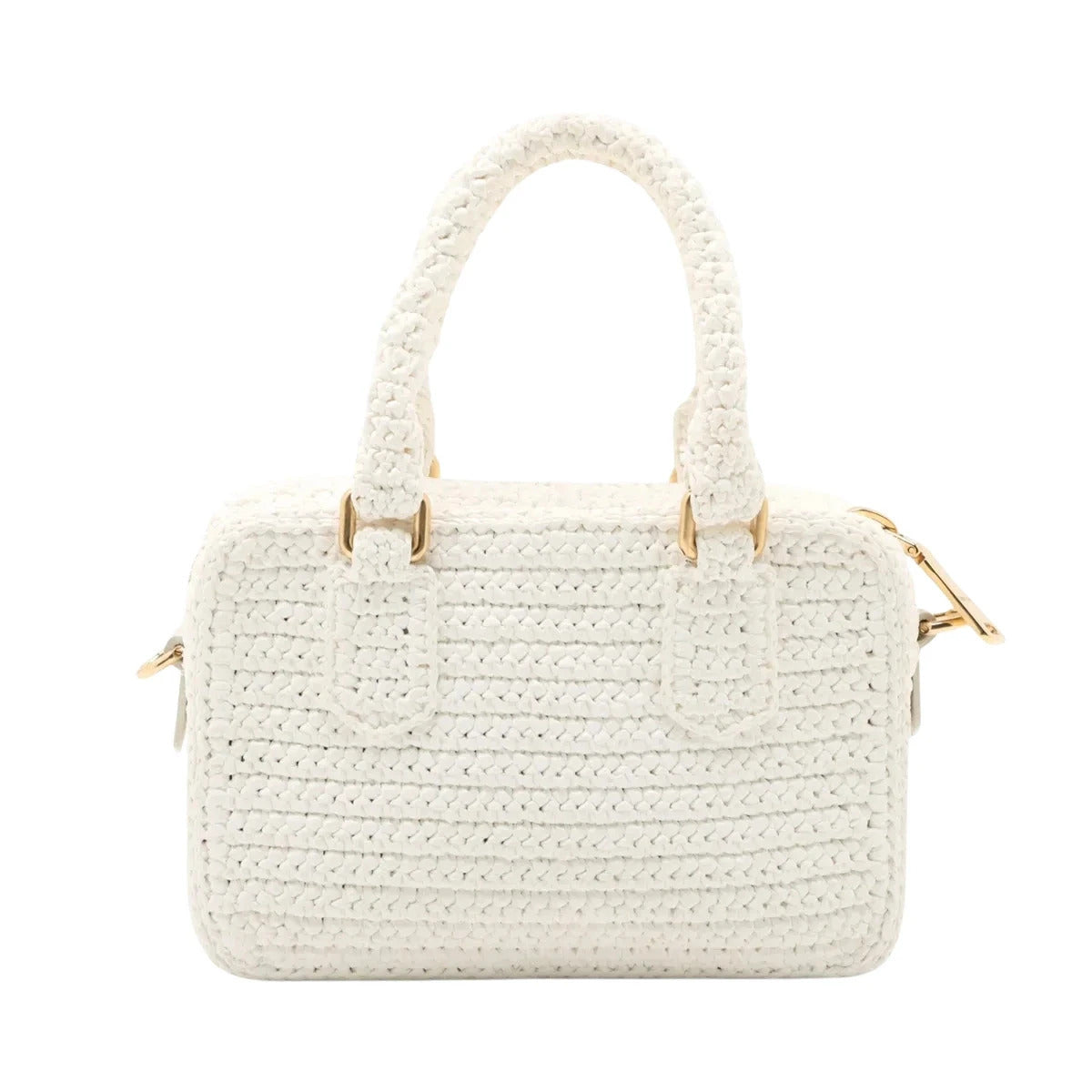 Pre-Loved Crochet Bowling Bag Handbag Crochet Raffia Mini with Gold Hardware, White