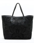 Pre-Loved Stirrup Tote Floral Suede Large with Gold Hardware, Black