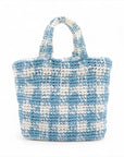 Pre-Loved Crochet Raffia Logo Tote Gingham Raffia Small with Gold Hardware, Light Blue and White