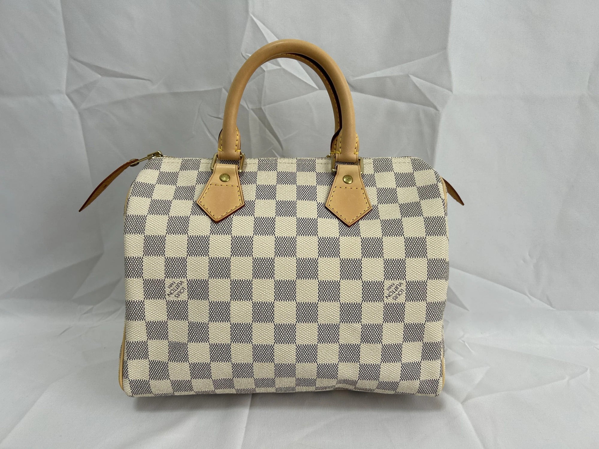 Pre-Loved Speedy Handbag Damier Azur Coated Canvas 25 with Gold Hardware, Cream