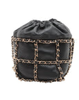 Pre-Loved Chain Cage Drawstring Bucket Bag Leather Mini with Gold Hardware, Black