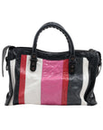 Pre-Loved Classic City Handbag Striped Leather Small with Aged Bronze Hardware, Black, White, Pink, Red