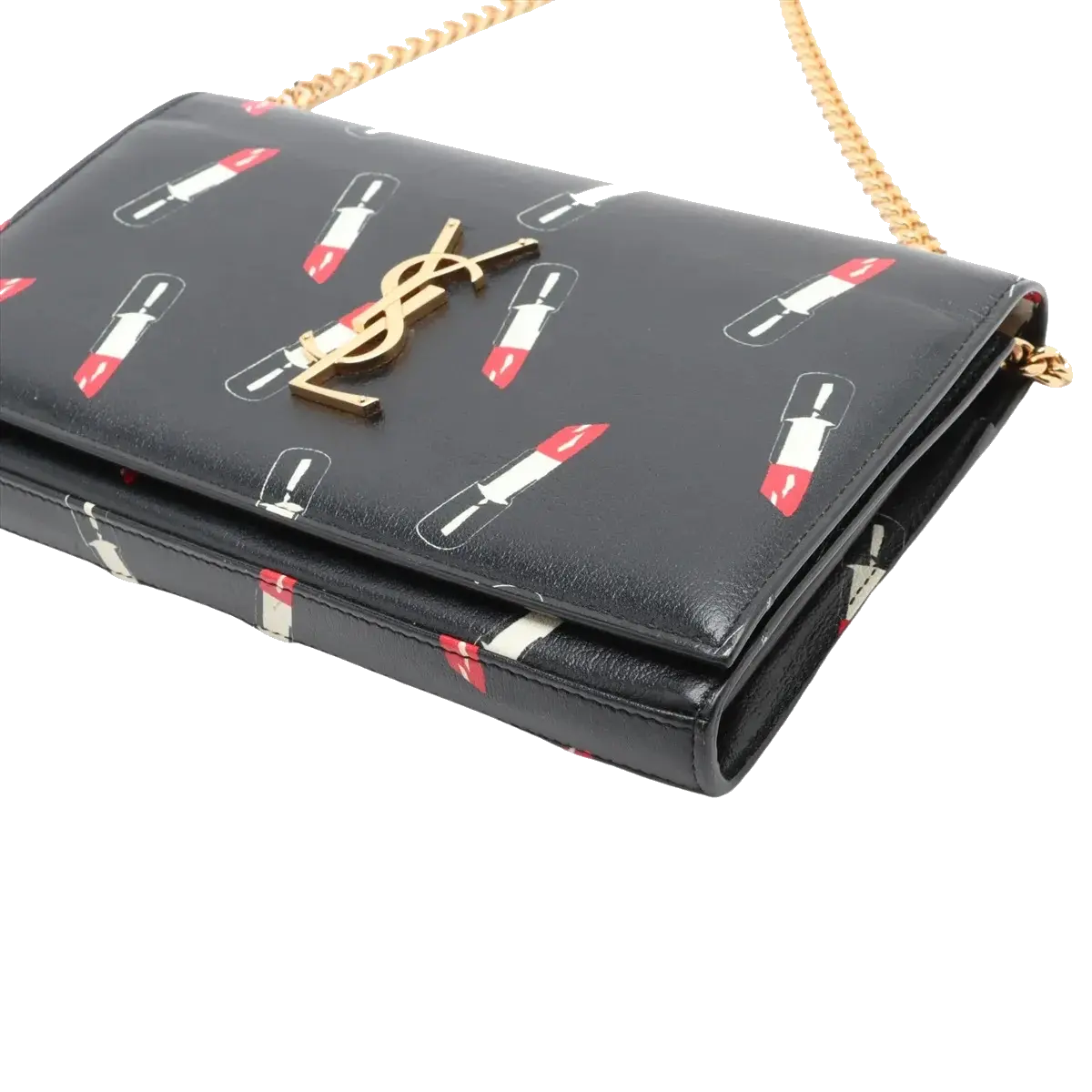 Pre-Loved Kate Chain Wallet Crossbody Bag Lipstick Print Leather Small with Gold Hardware, Black