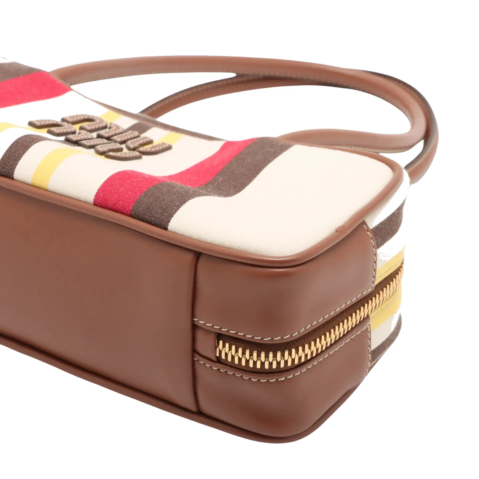 Pre-Loved Bowling Bag Handbag Striped Canvas Small with Gold Hardware, Beige Multicolor