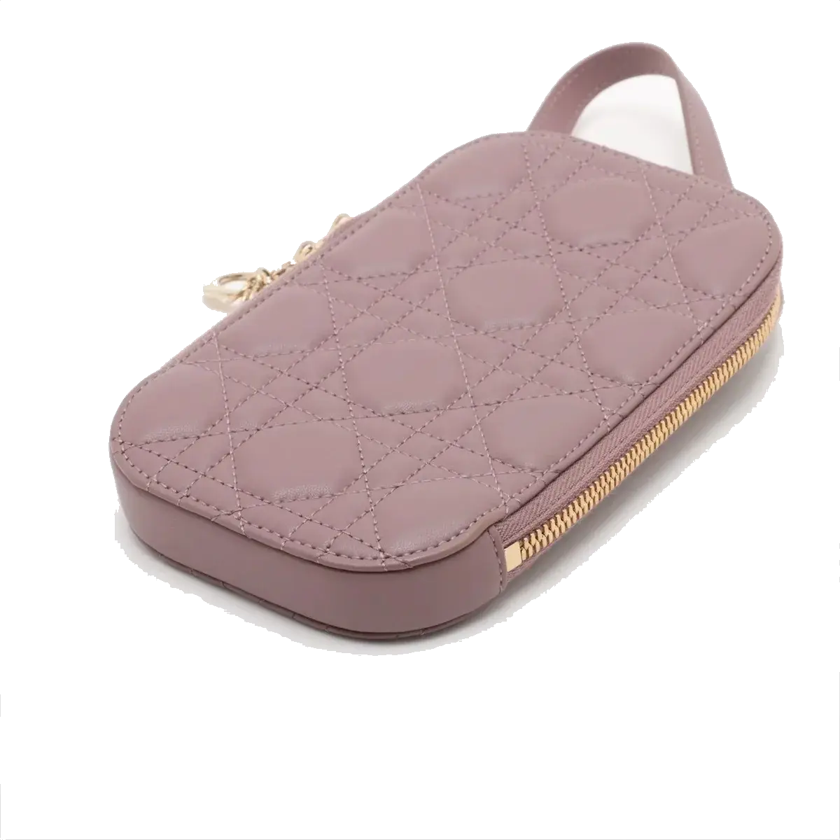 Pre-Loved Lady Dior Phone Holder Phone Holder Crossbody Bag Cannage Leather Small with Gold Hardware, Mauve Pink
