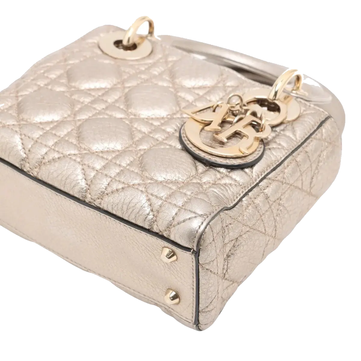 Pre-Loved Lady Dior Handbag Cannage Leather Mini with Gold Hardware, Metallic Champagne Gold
