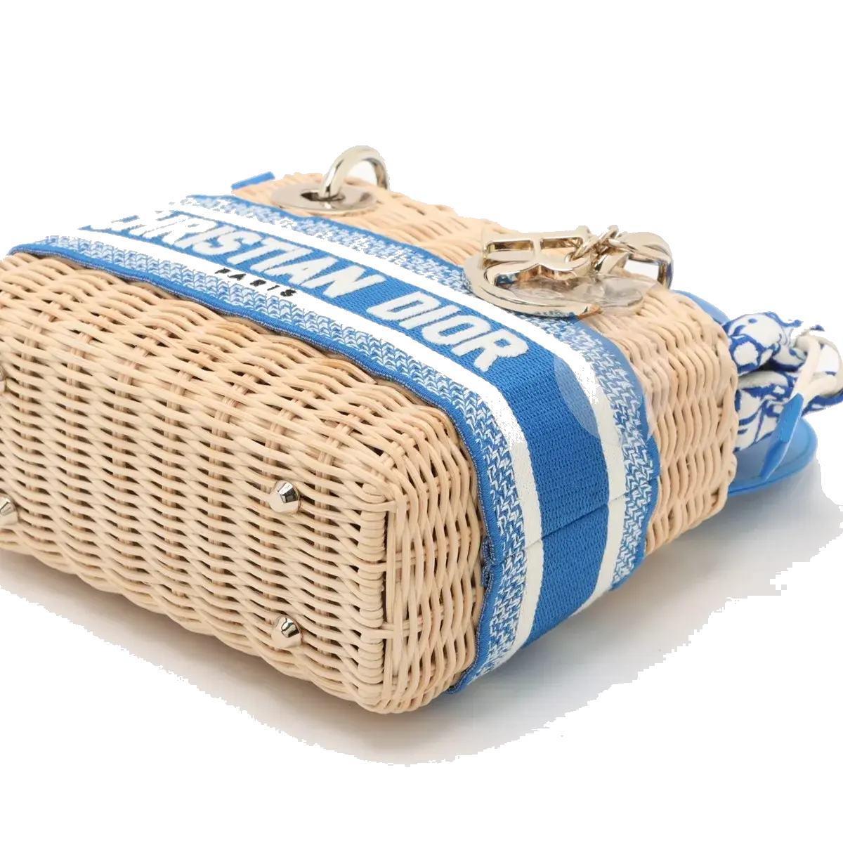 Pre-Loved Lady Dior Handbag Wicker Oblique Medium with Gold Hardware, Natural Beige and Blue