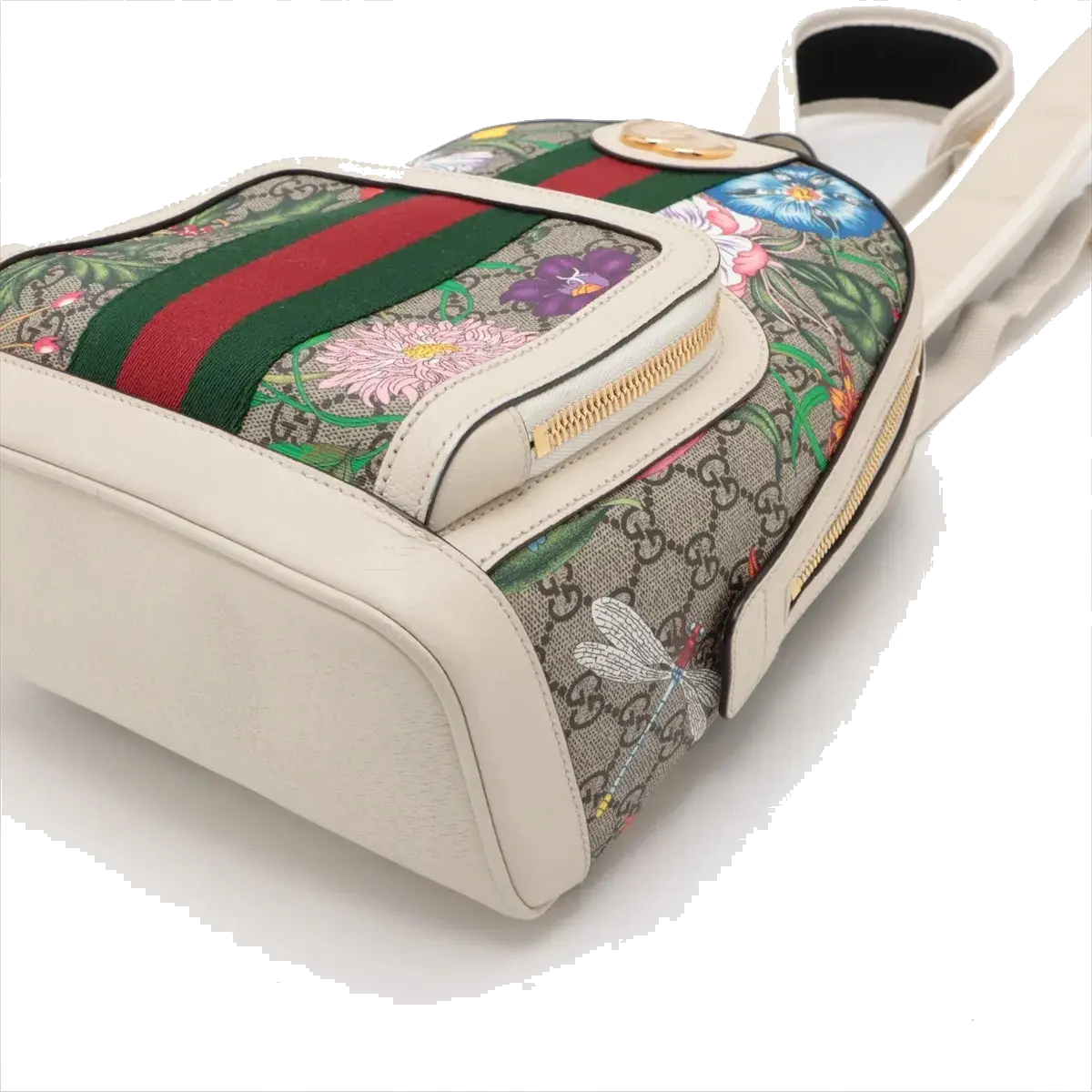 Pre-Loved Ophidia GG Flora Backpack Monogram Coated Canvas Small with Gold Hardware, Beige Ebony with Floral Multicolor