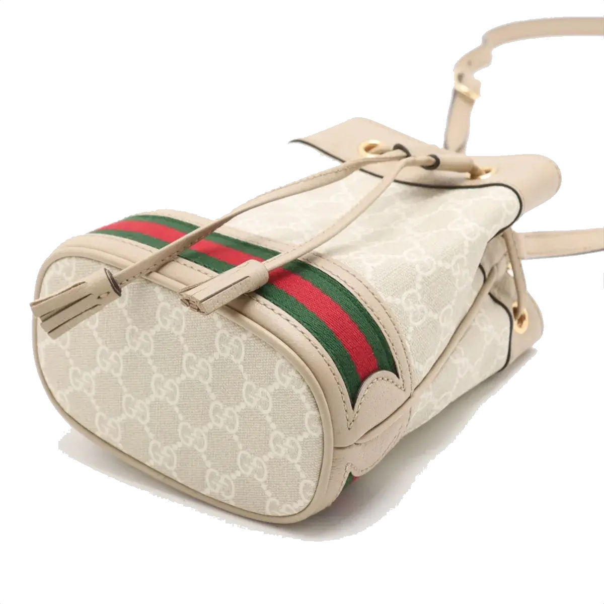 Pre-Loved Ophidia Bucket Bag GG Supreme Coated Canvas Mini with Gold Hardware, Beige / White