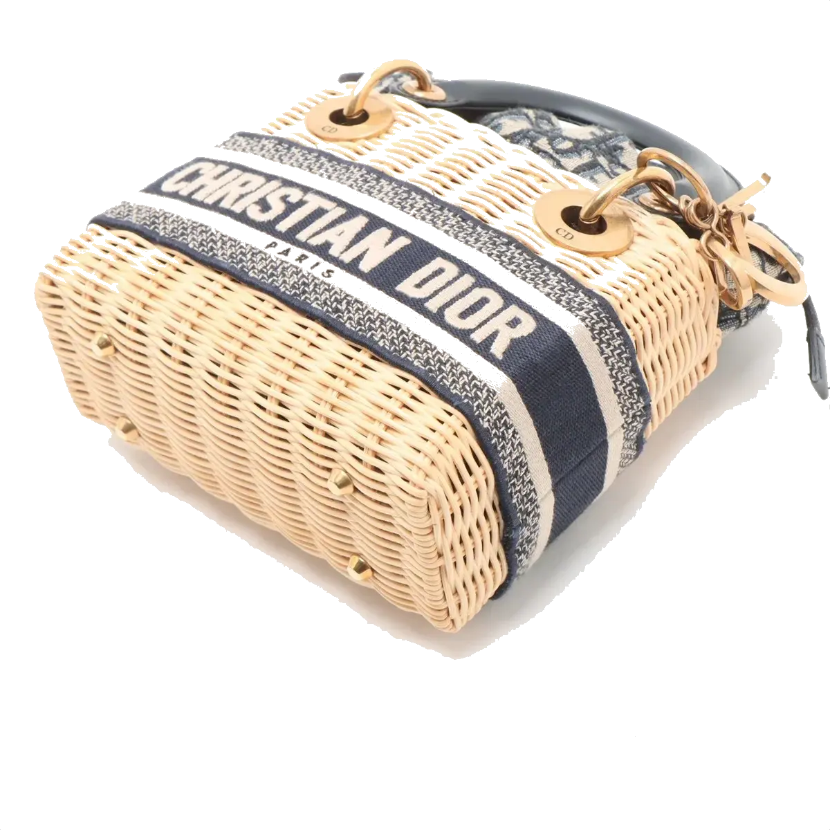 Pre-Loved Lady Dior Wicker Handbag Wicker Oblique Medium with Aged Gold Hardware, Natural / Navy