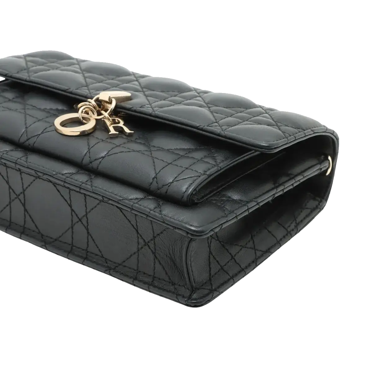 Pre-Loved Lady Dior Wallet on Chain Cannage Leather with Gold Hardware, Black