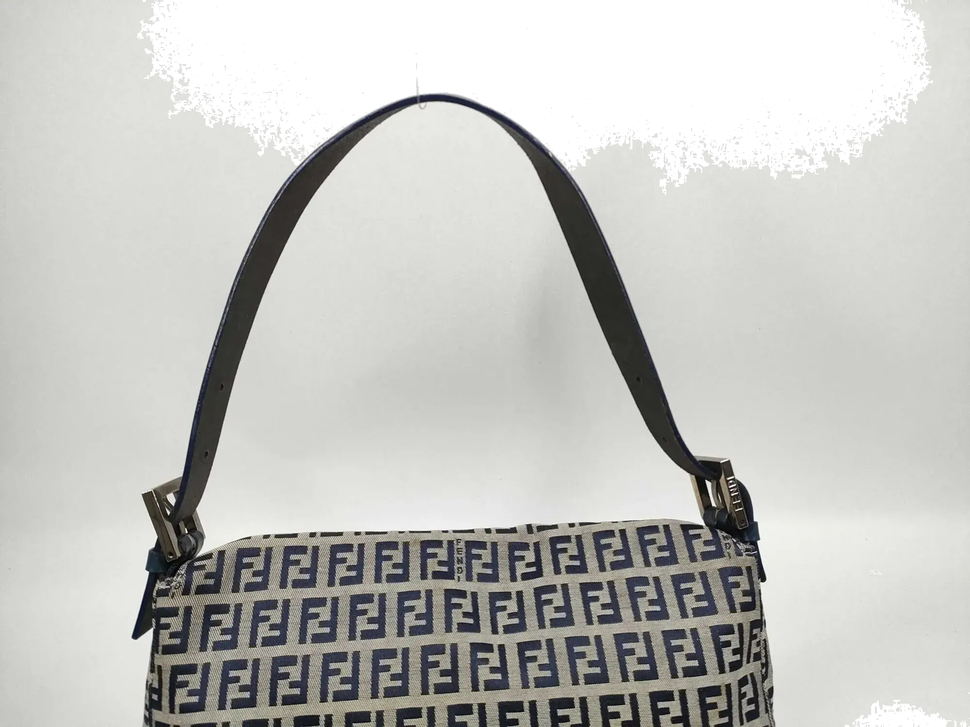 Pre-Loved Mamma Baguette Shoulder Bag Zucchino Canvas Coated with Silver Hardware, Navy and Grey