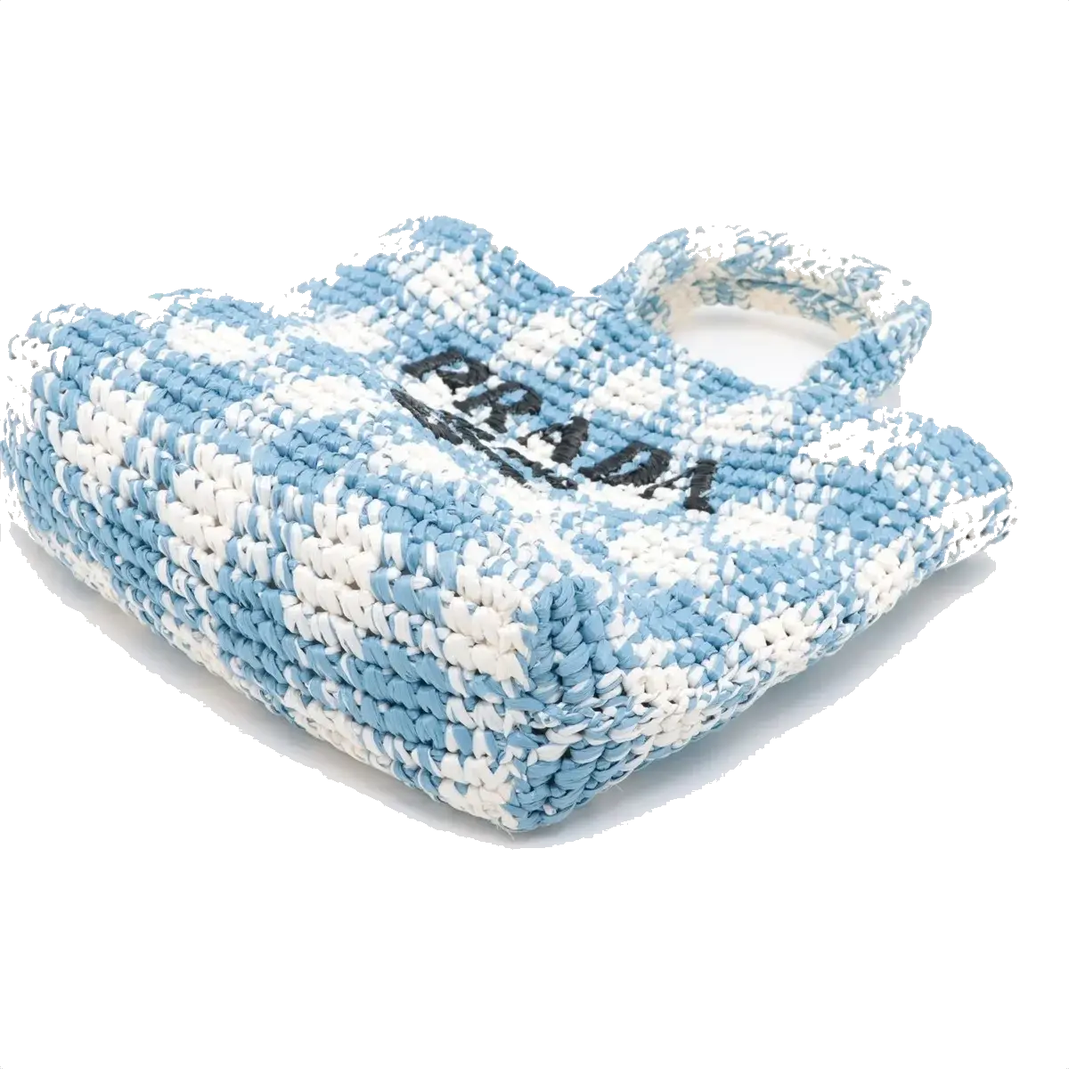Pre-Loved Crochet Raffia Logo Tote Gingham Raffia Small with Gold Hardware, Light Blue and White