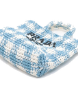 Pre-Loved Crochet Raffia Logo Tote Gingham Raffia Small with Gold Hardware, Light Blue and White