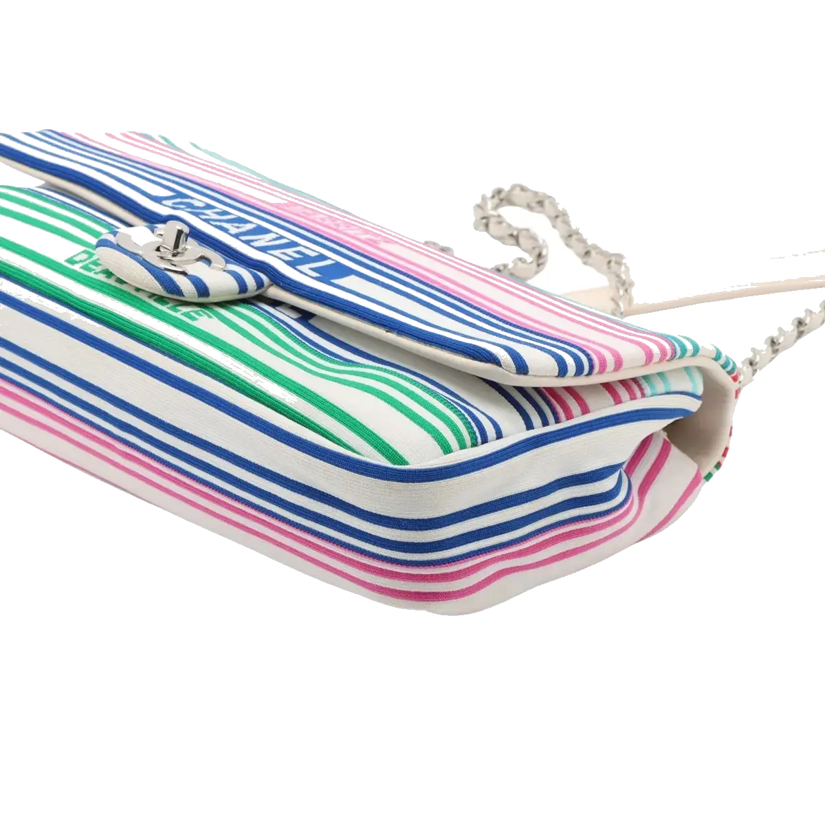 Pre-Loved Coco Stripe Flap Shoulder Bag Striped Canvas with Silver Hardware, Multicolor