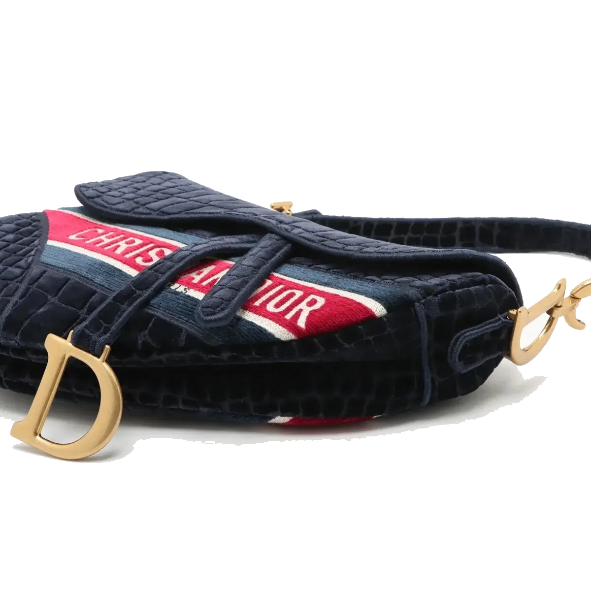 Pre-Loved Saddle Shoulder Bag Crocodile Embossed Velvet Mini with Aged Gold Hardware, Navy
