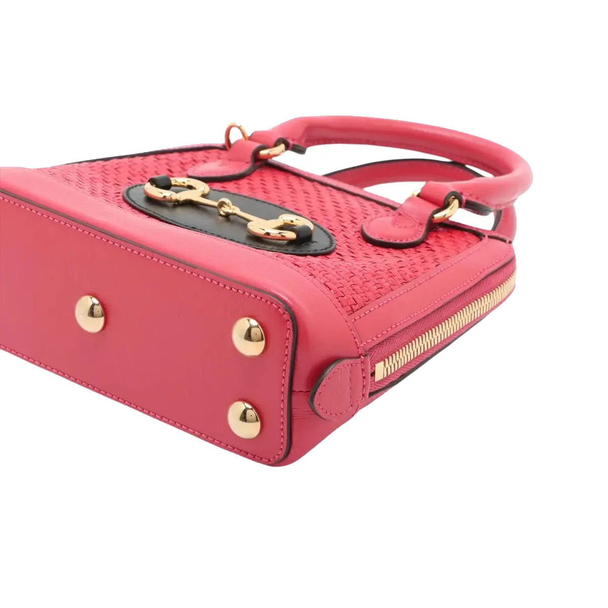 Pre-Loved Horsebit 1955 Handbag Woven Raffia Mini with Gold Hardware, Pink
