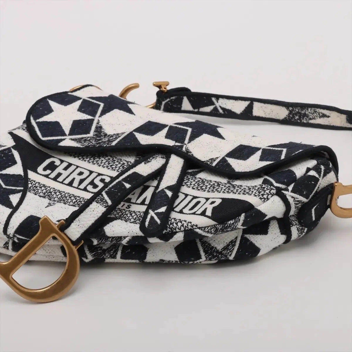Pre-Loved Saddle Shoulder Bag Star Canvas Medium with Aged Gold Hardware, Navy and White