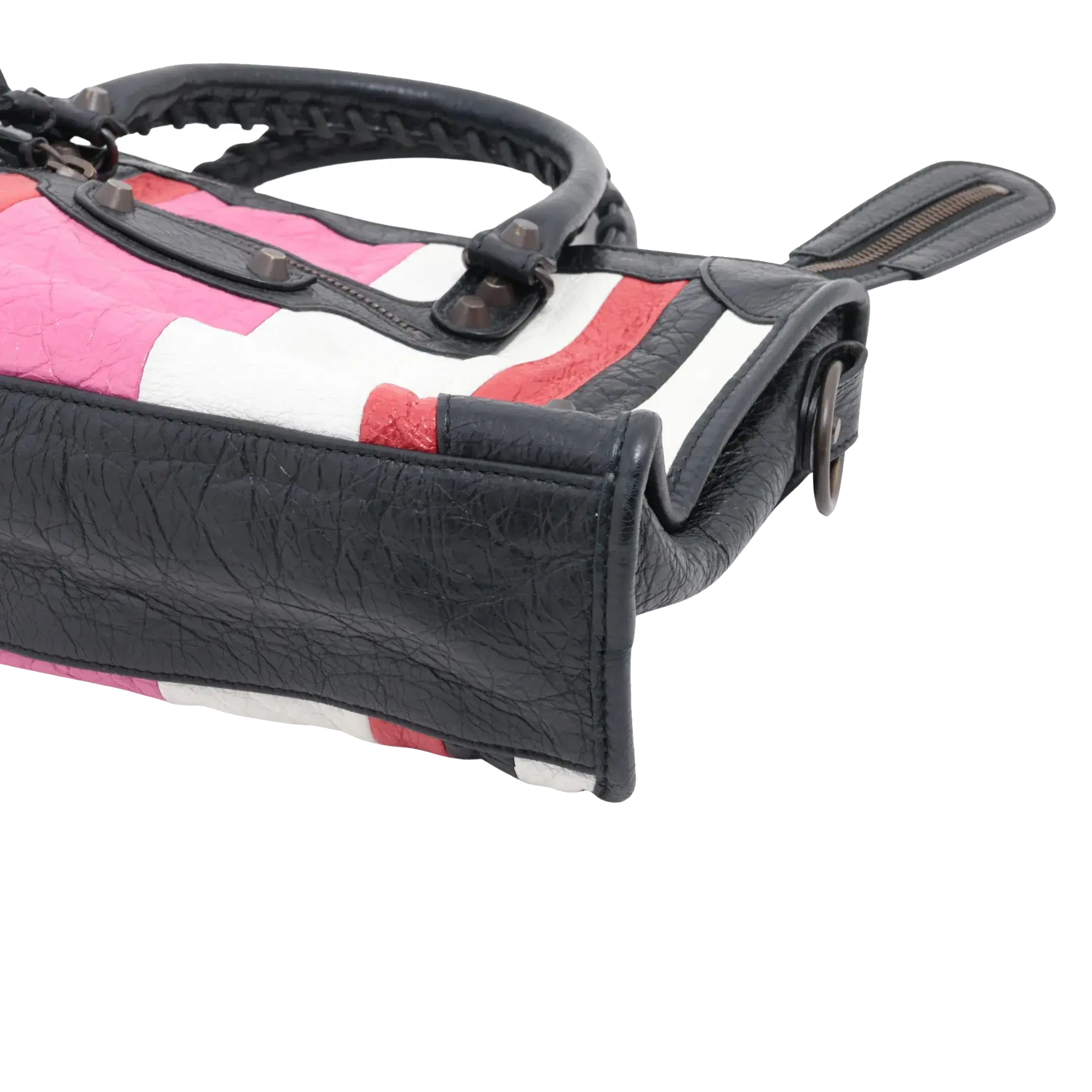 Pre-Loved Classic City Handbag Striped Leather Small with Aged Bronze Hardware, Black, White, Pink, Red