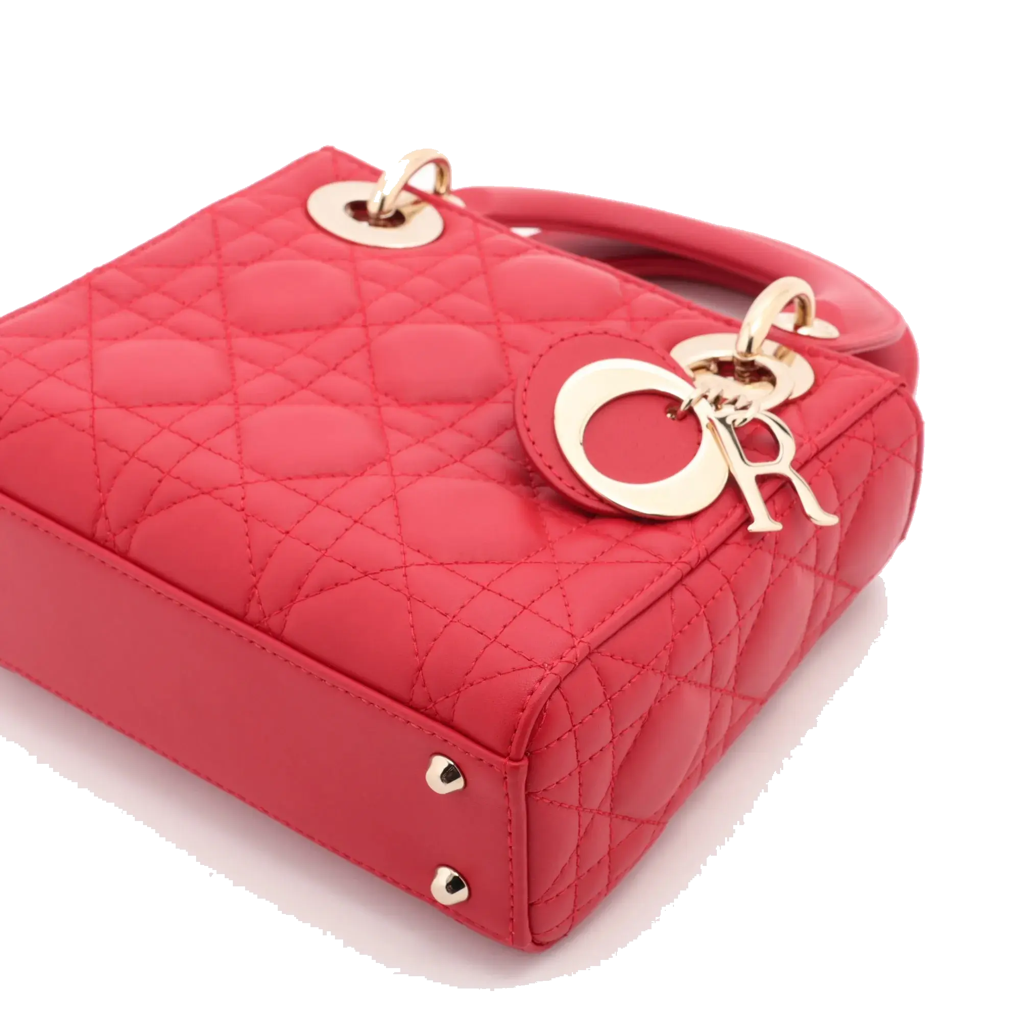 Pre-Loved Lady Dior Handbag Cannage Leather Mini with Gold Hardware, Red