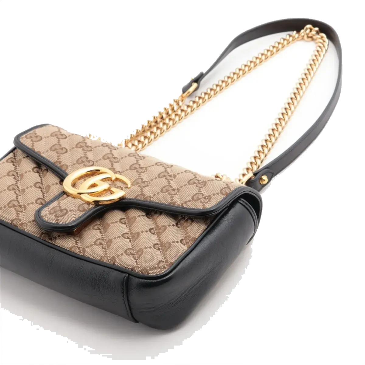 Pre-Loved GG Marmont Shoulder Bag Monogram Coated Canvas Mini with Gold Hardware, Beige / Ebony with Black Leather Trim