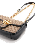 Pre-Loved GG Marmont Shoulder Bag Monogram Coated Canvas Mini with Gold Hardware, Beige / Ebony with Black Leather Trim