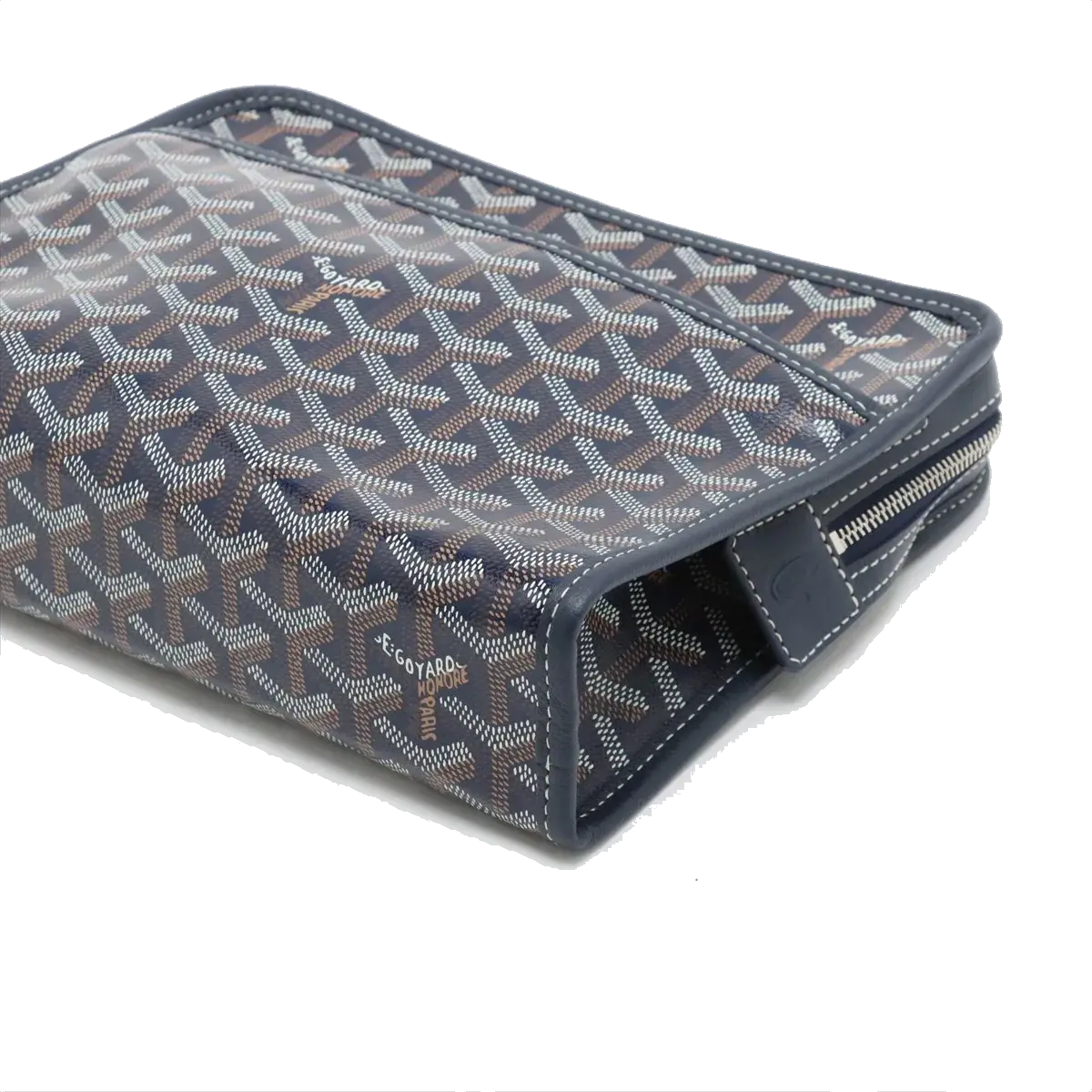 Pre-Loved Jouvence Toiletry Pouch Clutch Goyardine Chevron Coated Canvas MM with Silver Hardware, Navy Blue