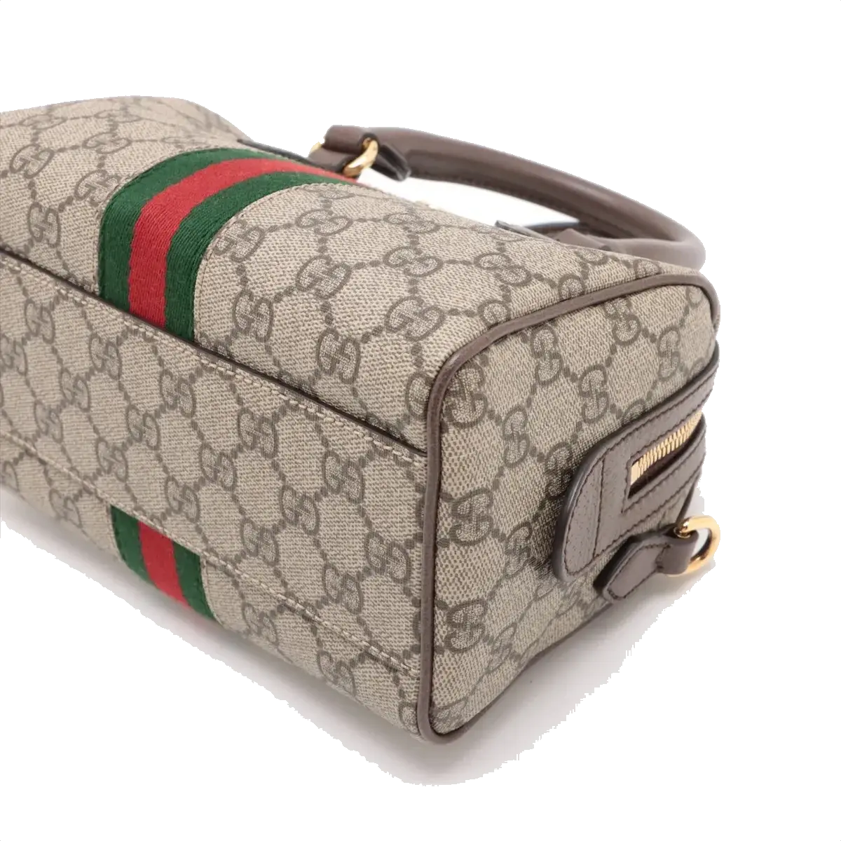 Pre-Loved Ophidia GG Mini Boston Handbag Monogram Coated Canvas Mini with Gold Hardware, Beige Ebony