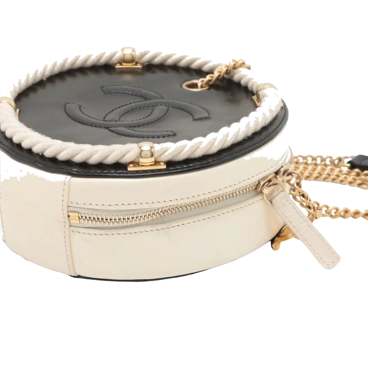 Pre-Loved En Vogue Round Clutch with Chain Crossbody Bag Leather Small with Gold Hardware, Black and Ivory