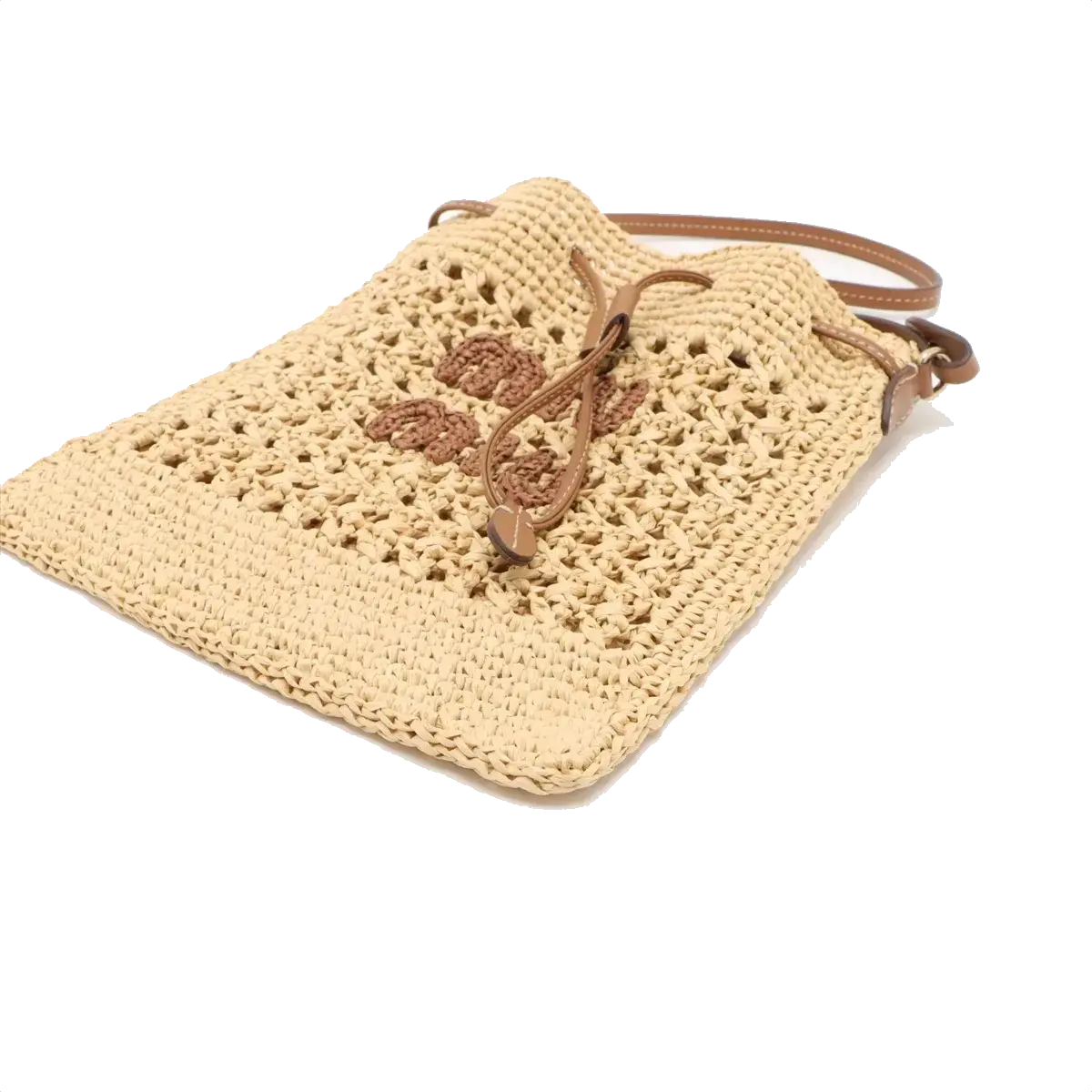 Pre-Loved Drawstring Bucket Bag Crochet Raffia with Gold Hardware, Natural Beige