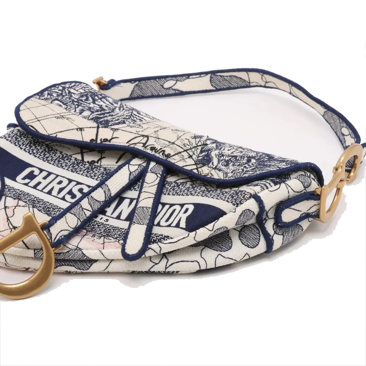 Pre-Loved Saddle Shoulder Bag Toile de Jouy Canvas Medium with Aged Gold Hardware, Beige and Blue