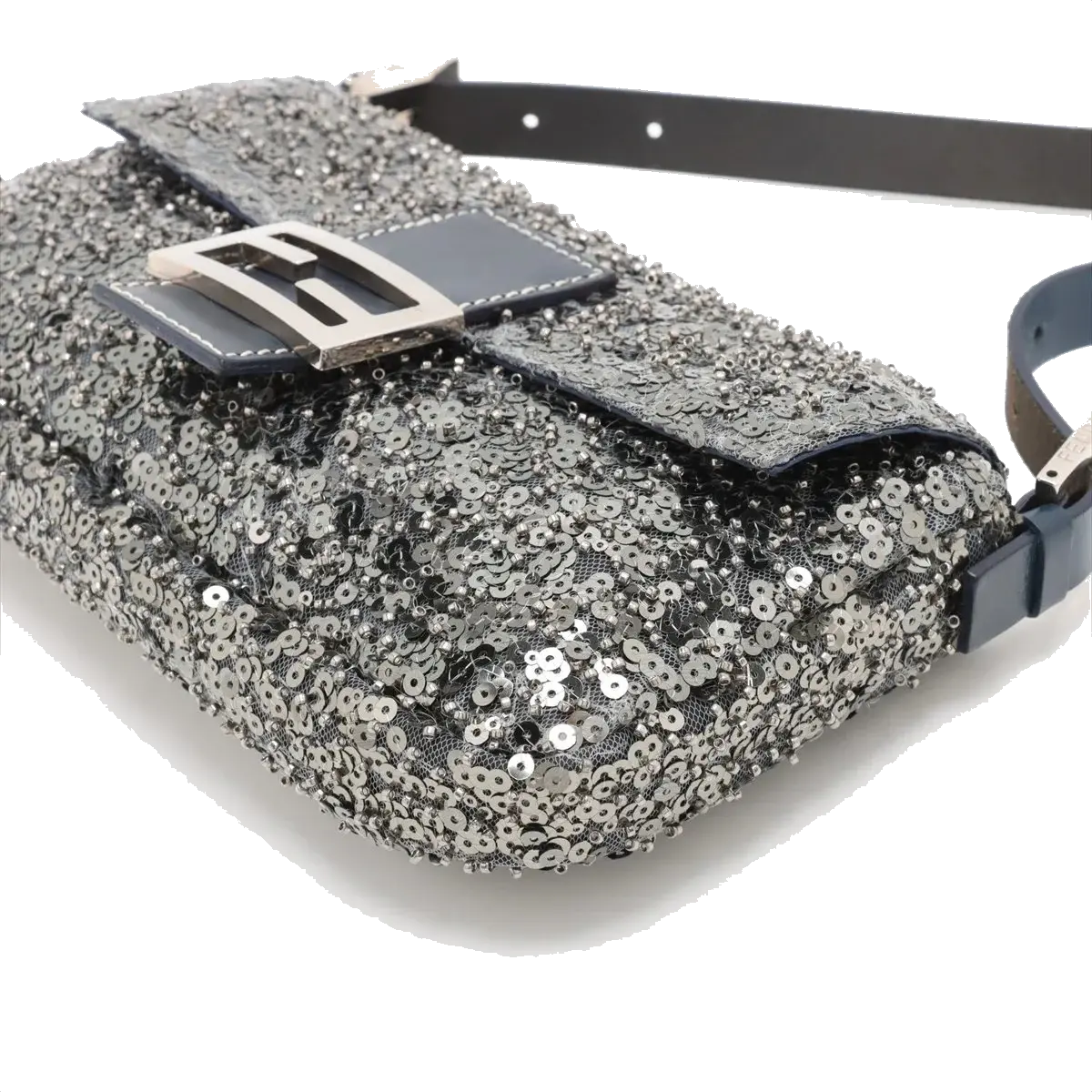 Pre-Loved Mamma Baguette Shoulder Bag Sequined with Silver Hardware, Silver