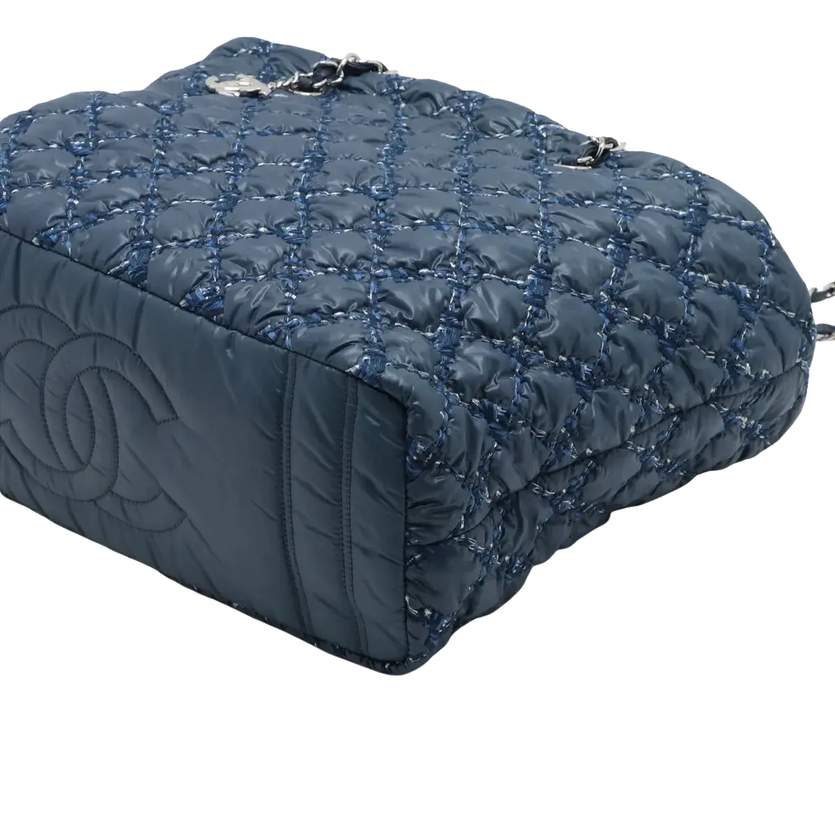 Pre-Loved Tweed on Stitch Bubble Quilt Tote Quilted Nylon with Silver Hardware, Blue