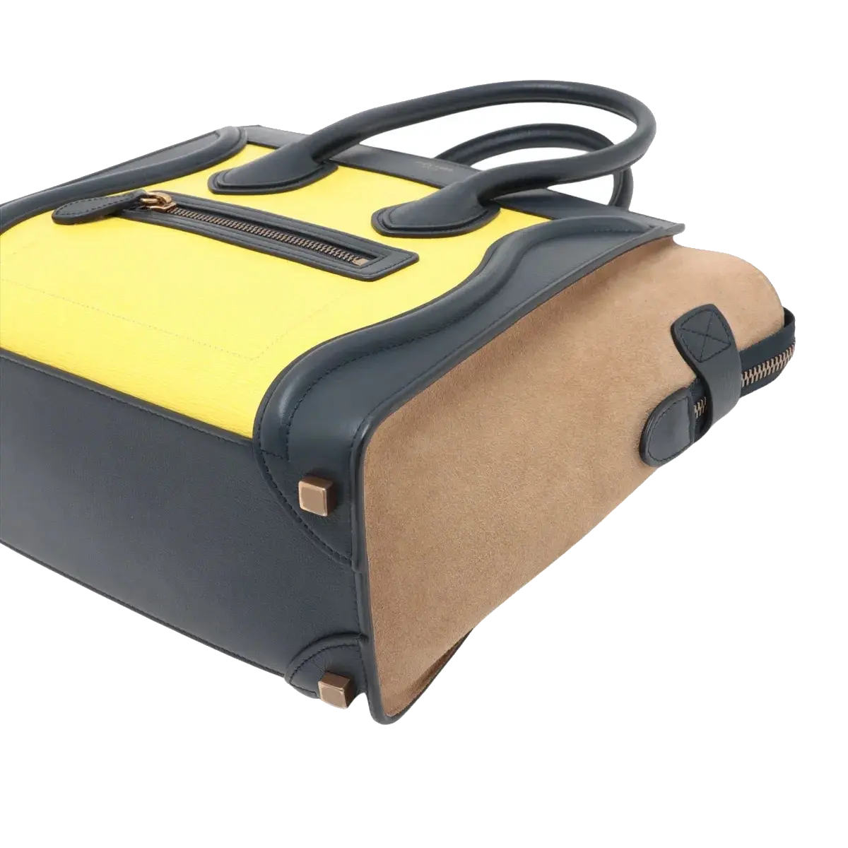 Pre-Loved Luggage Tote Leather Micro with Rose Gold Hardware, Navy, Yellow, and Beige