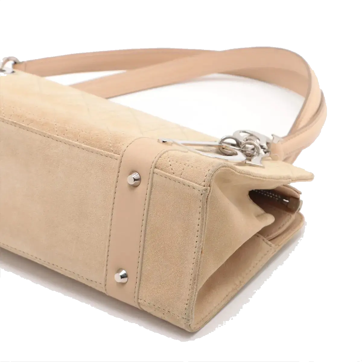 Pre-Loved Lady Dior East West Handbag Cannage Suede with Silver Hardware, Beige