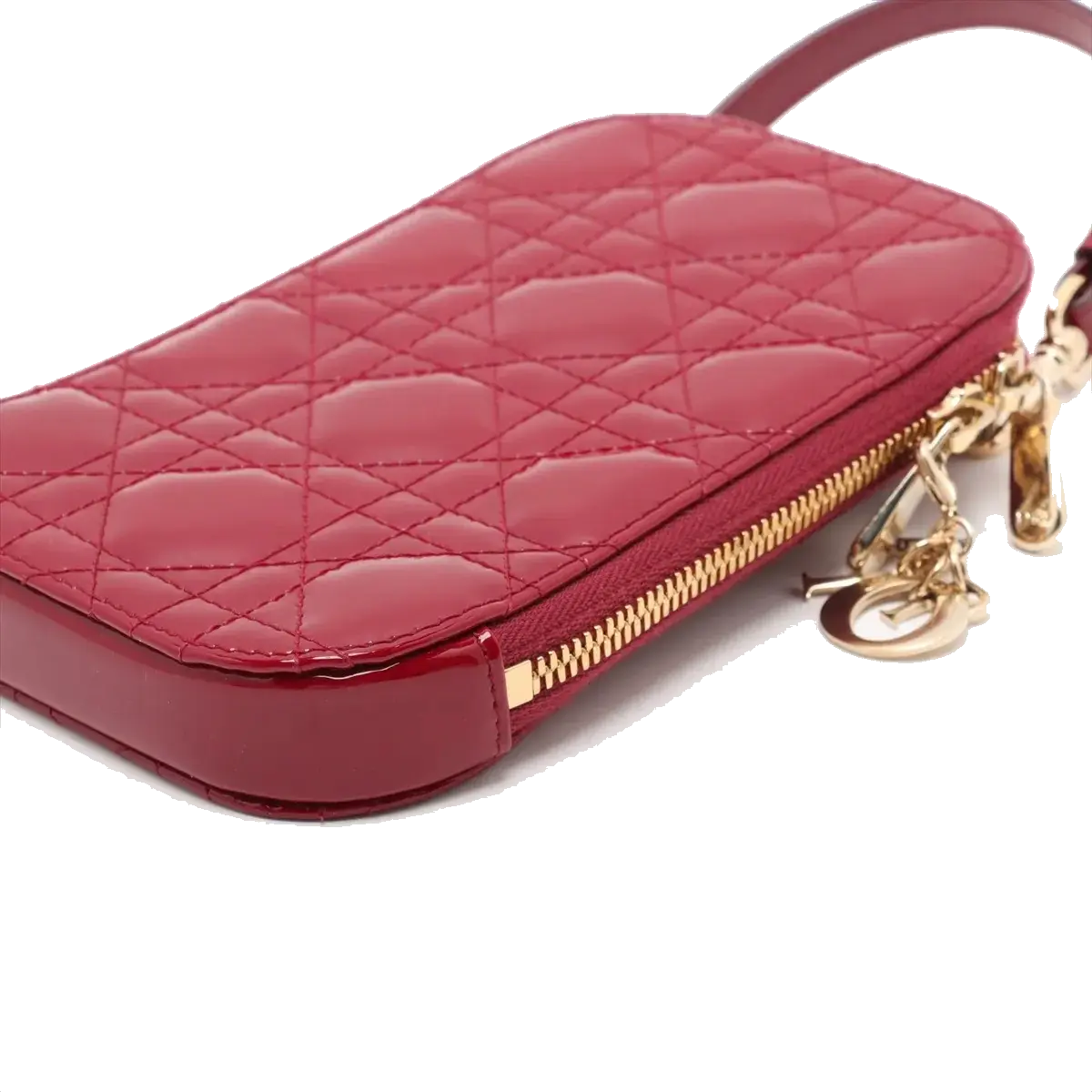 Pre-Loved Lady Dior Phone Holder Crossbody Bag Cannage Patent Leather Mini with Gold Hardware, Red