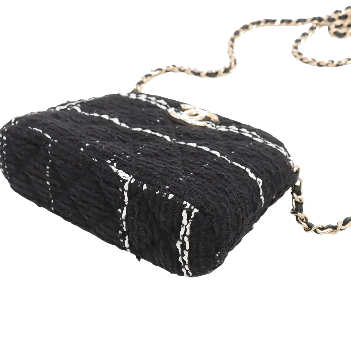 Pre-Loved Camera Bag Crossbody Bag Plaid Tweed Mini with Gold Hardware, Black and White