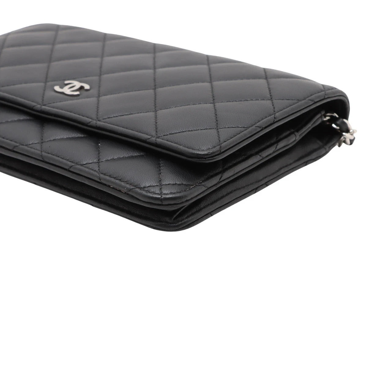Pre-Loved Wallet on Chain Crossbody Bag Quilted Leather with Silver Hardware, Black