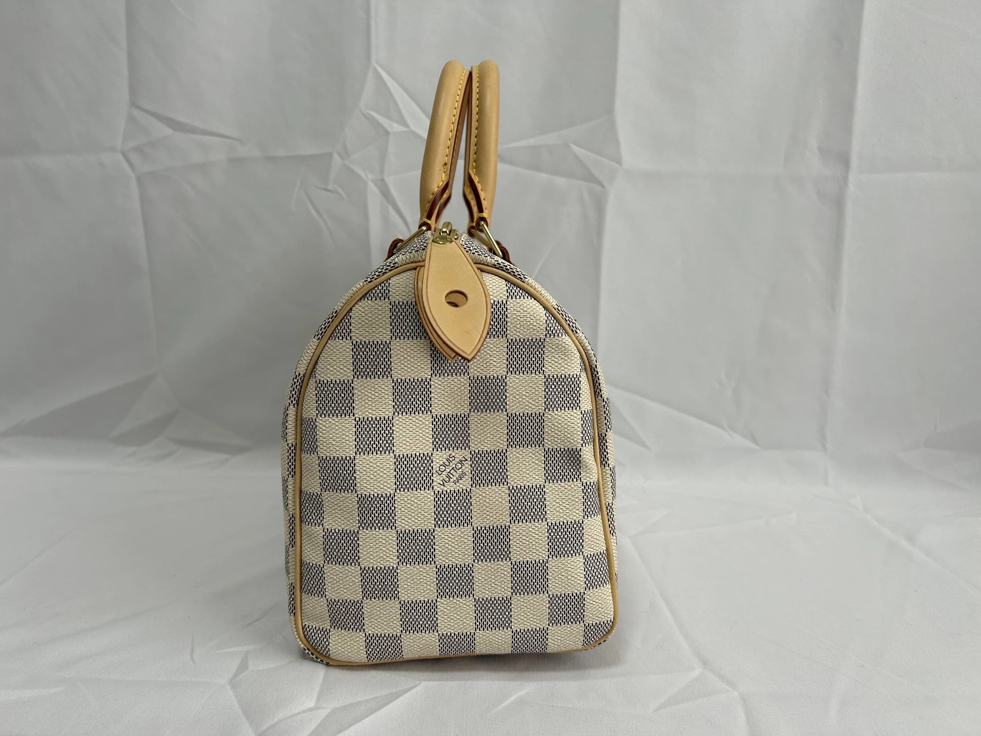 Pre-Loved Speedy Handbag Damier Azur Coated Canvas 25 with Gold Hardware, Cream