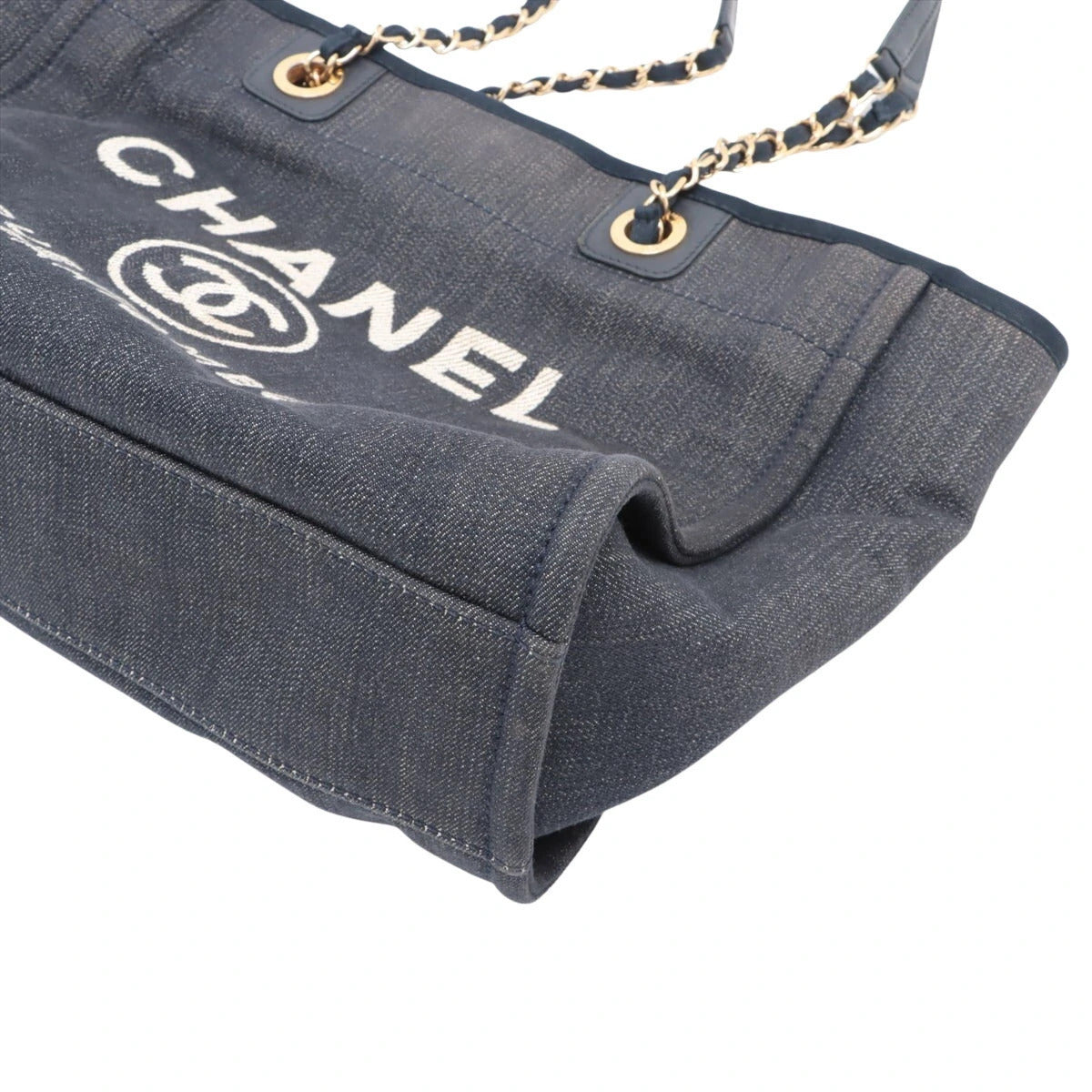Pre-Loved Deauville Tote Denim Small with Gold Hardware, Navy Blue