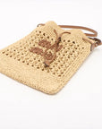 Pre-Loved Drawstring Bucket Bag Crochet Raffia with Gold Hardware, Natural Beige