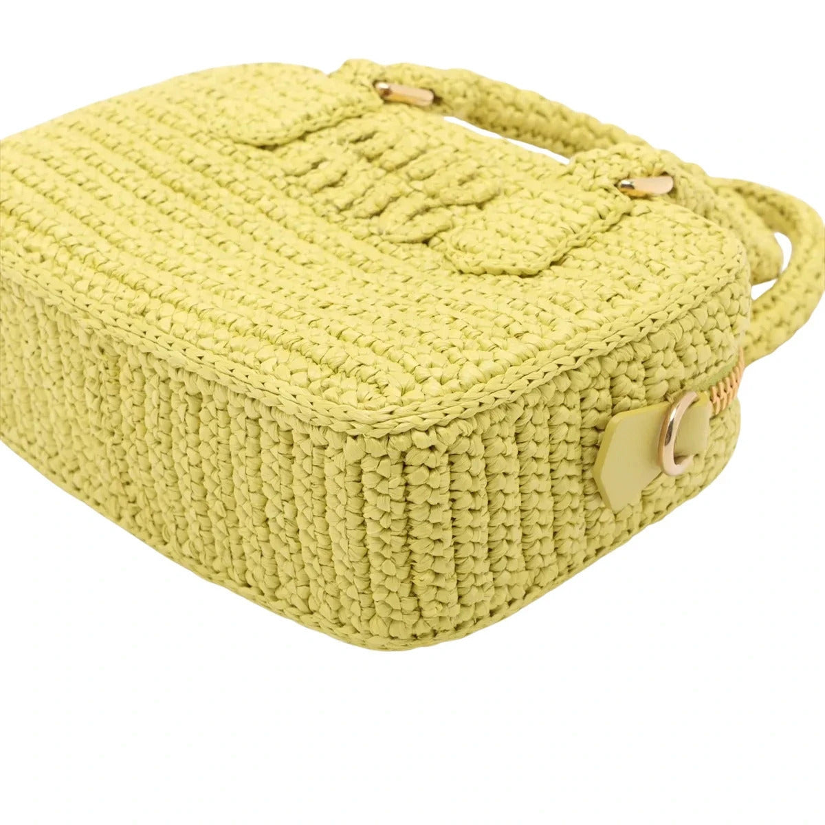 Pre-Loved Crochet Bauletto Handbag Raffia Crochet Mini with Gold Hardware, Yellow
