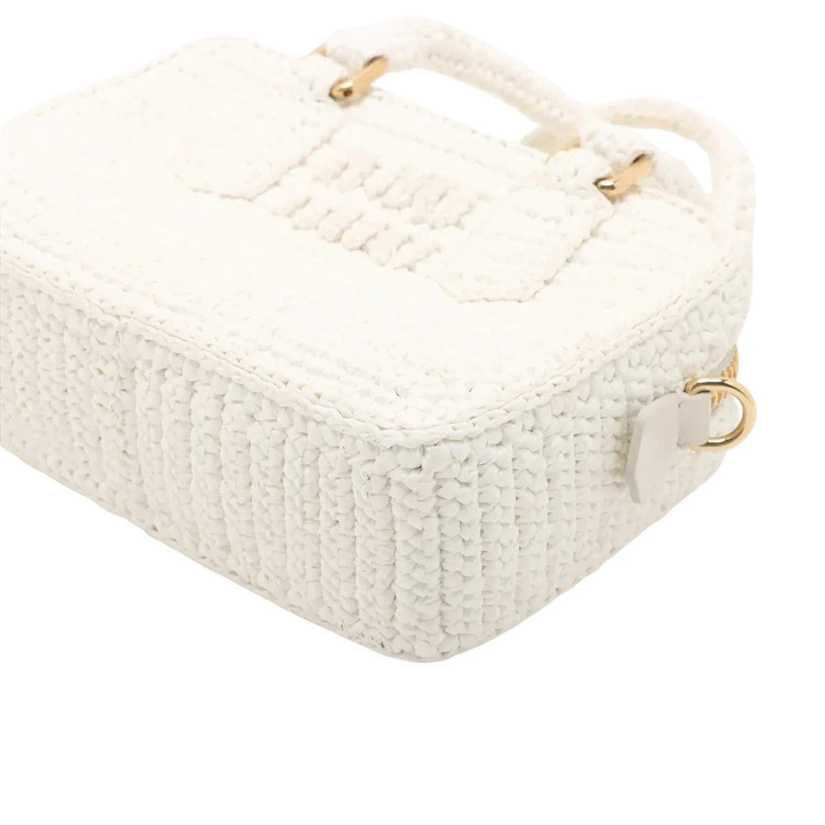 Pre-Loved Crochet Bowling Bag Handbag Crochet Raffia Mini with Gold Hardware, White