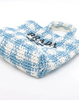 Pre-Loved Crochet Raffia Logo Tote Gingham Raffia Small with Gold Hardware, Light Blue and White