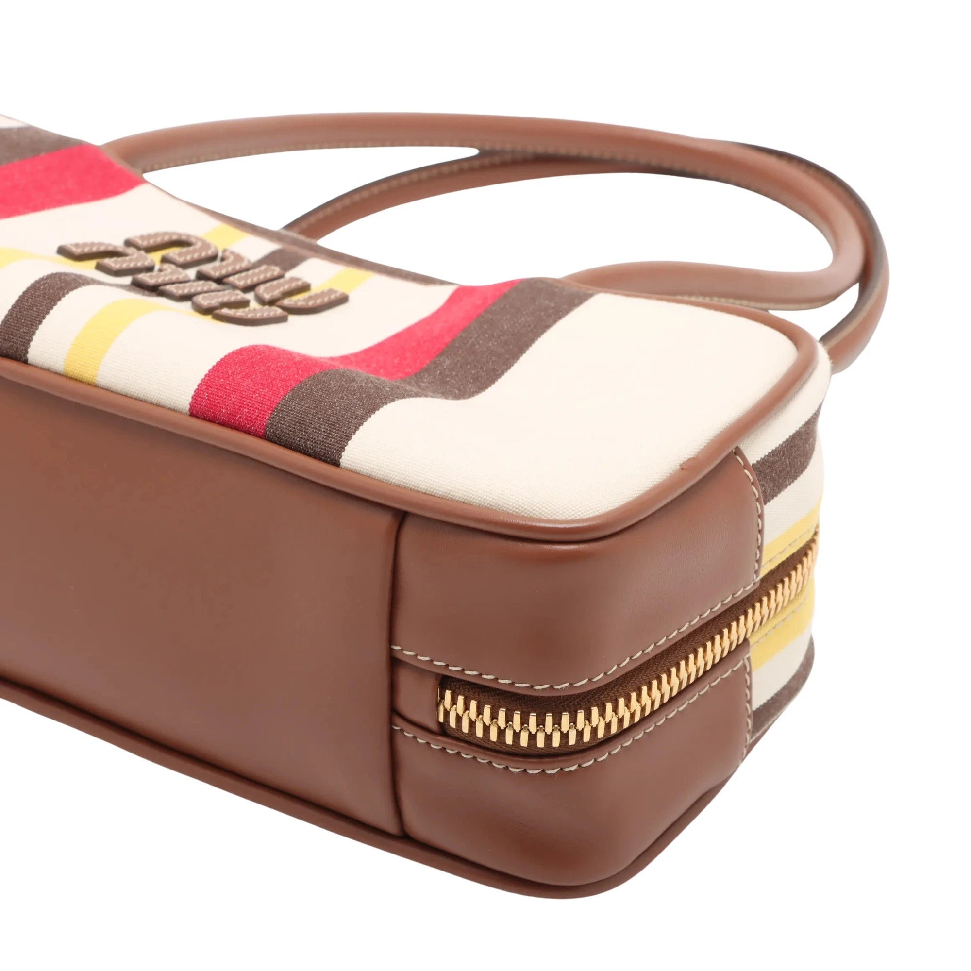 Pre-Loved Bowling Bag Handbag Striped Canvas Small with Gold Hardware, Beige Multicolor