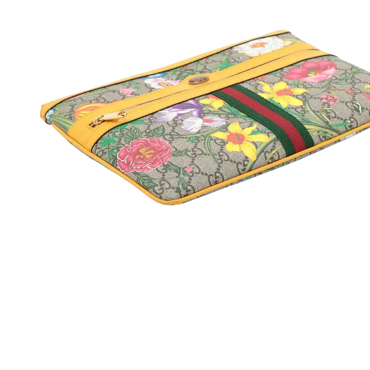 Pre-Loved Ophidia Flora Clutch Monogram Coated Canvas Large with Gold Hardware, Beige Ebony Multicolor