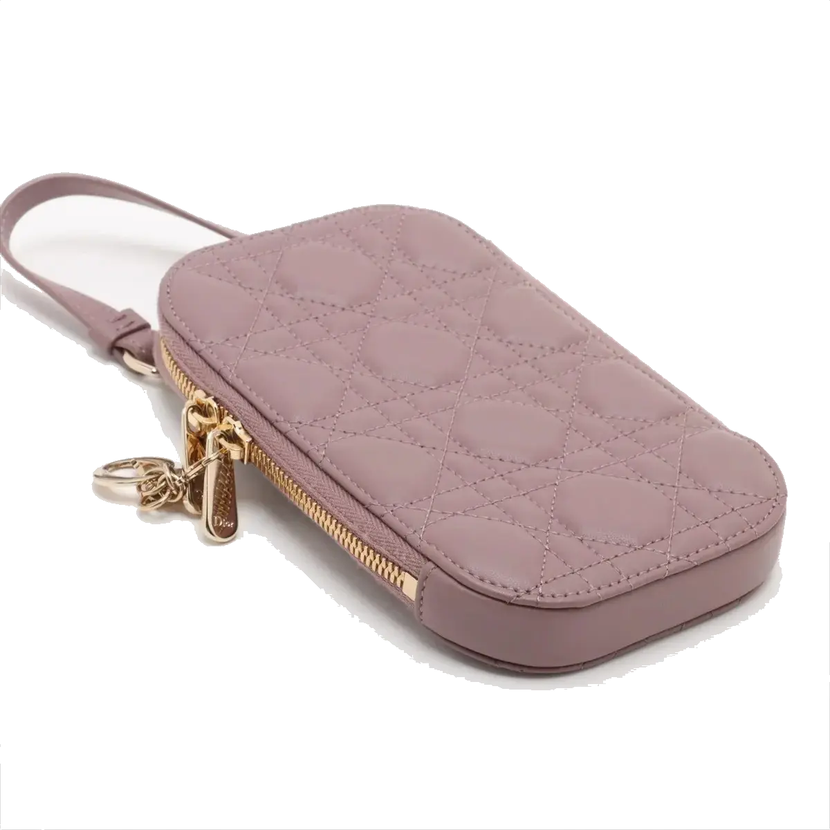 Pre-Loved Lady Dior Phone Holder Phone Holder Crossbody Bag Cannage Leather Small with Gold Hardware, Mauve Pink