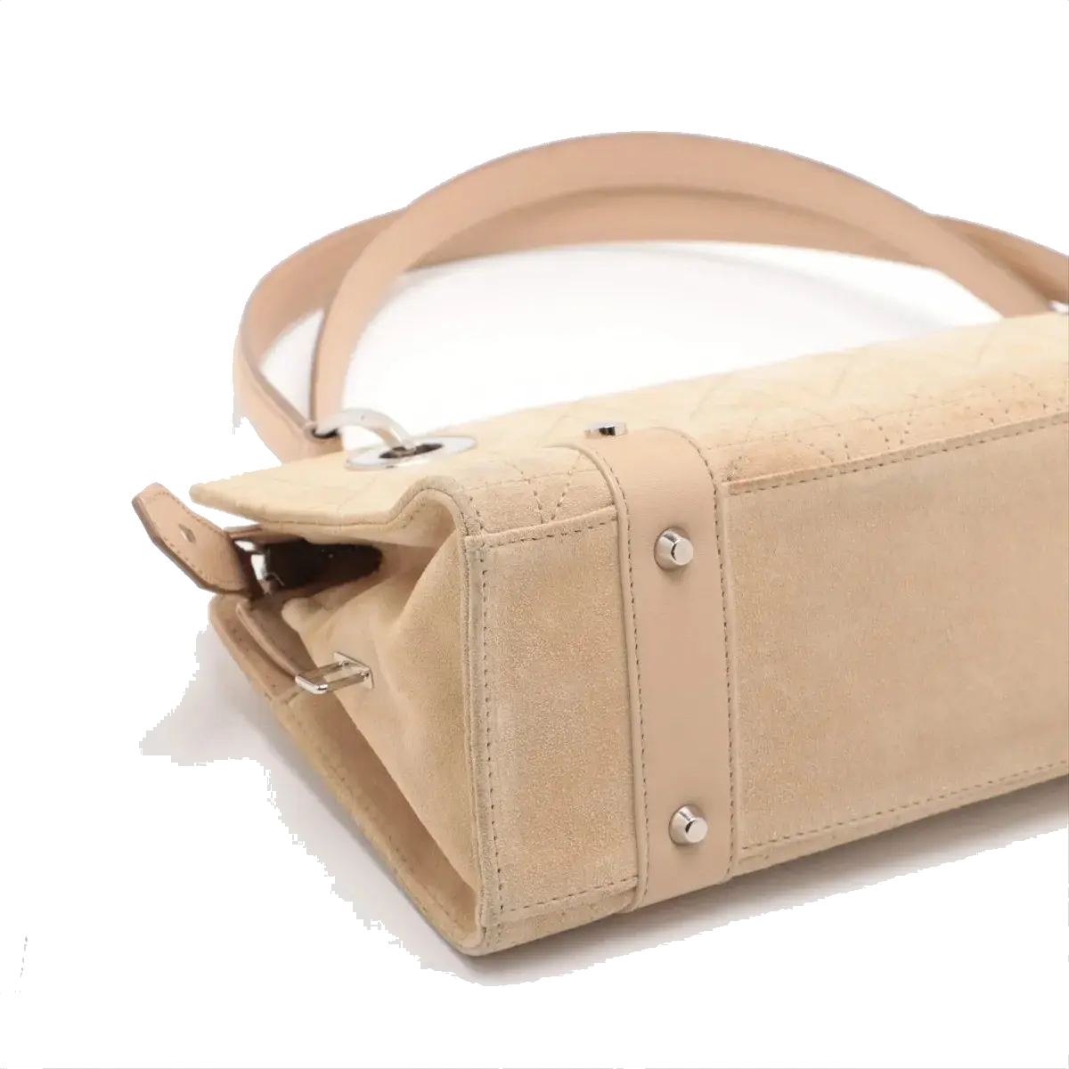Pre-Loved Lady Dior East West Handbag Cannage Suede with Silver Hardware, Beige