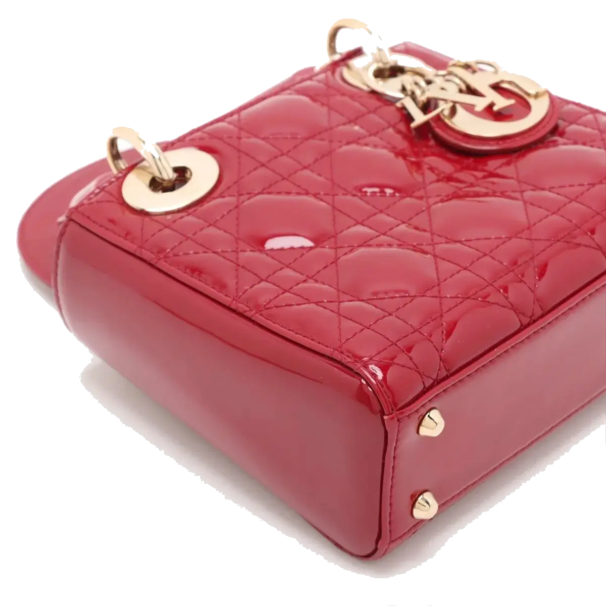 Pre-Loved Lady Dior Handbag Cannage Patent Leather Mini with Gold Hardware, Red
